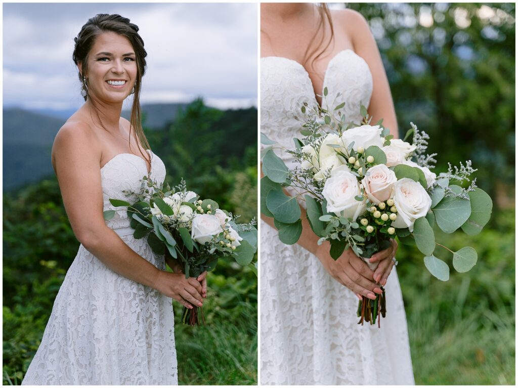 Bridal portrait with flowers during a vow exchange in the Blue Ridge Mountains