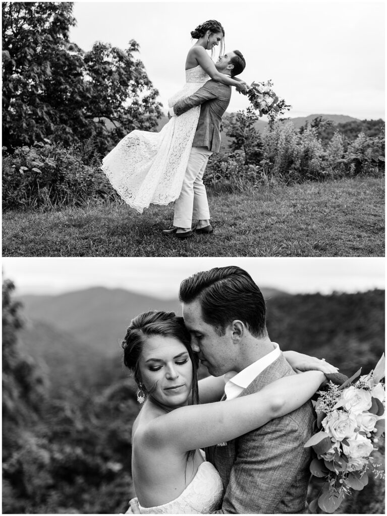 Black and white bride and groom photos at the Blue Ridge Parkway in Asheville, NC.