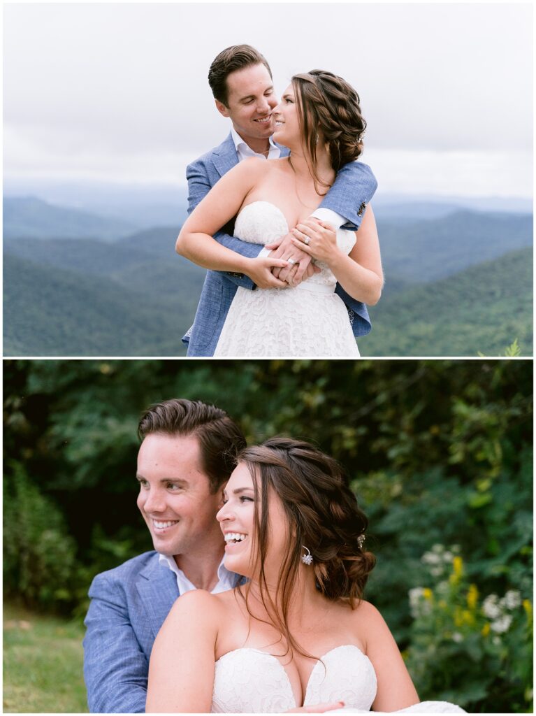 Profile view of Andrew hugging his bride during their adventure vow exchange in Asheville, NC.