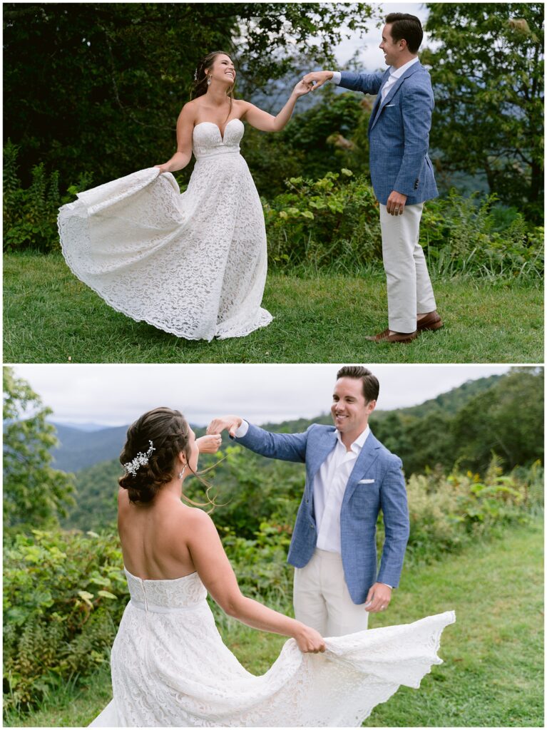 Groom twirling bride in her dress during an adventure session at the Blue Ridge Parkway.