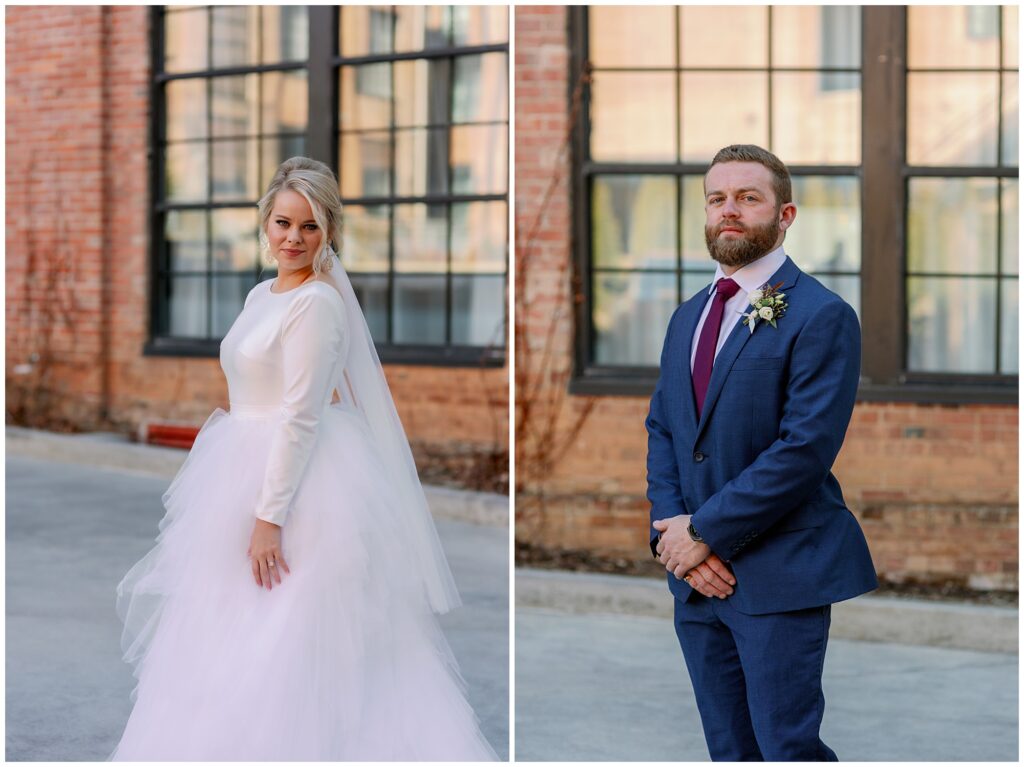 Portraits of the bride and groom outside the brick historic hotel in downtown Asheville for their city elopement