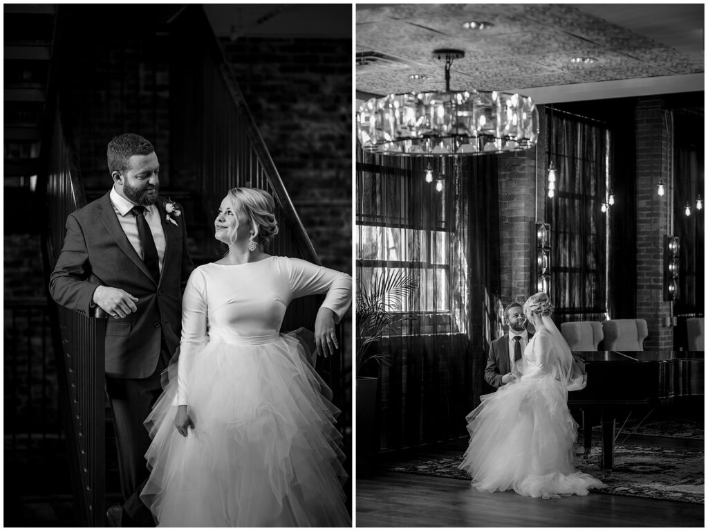 black and white images of the bride and groom in the foundry hotel on the staircase
