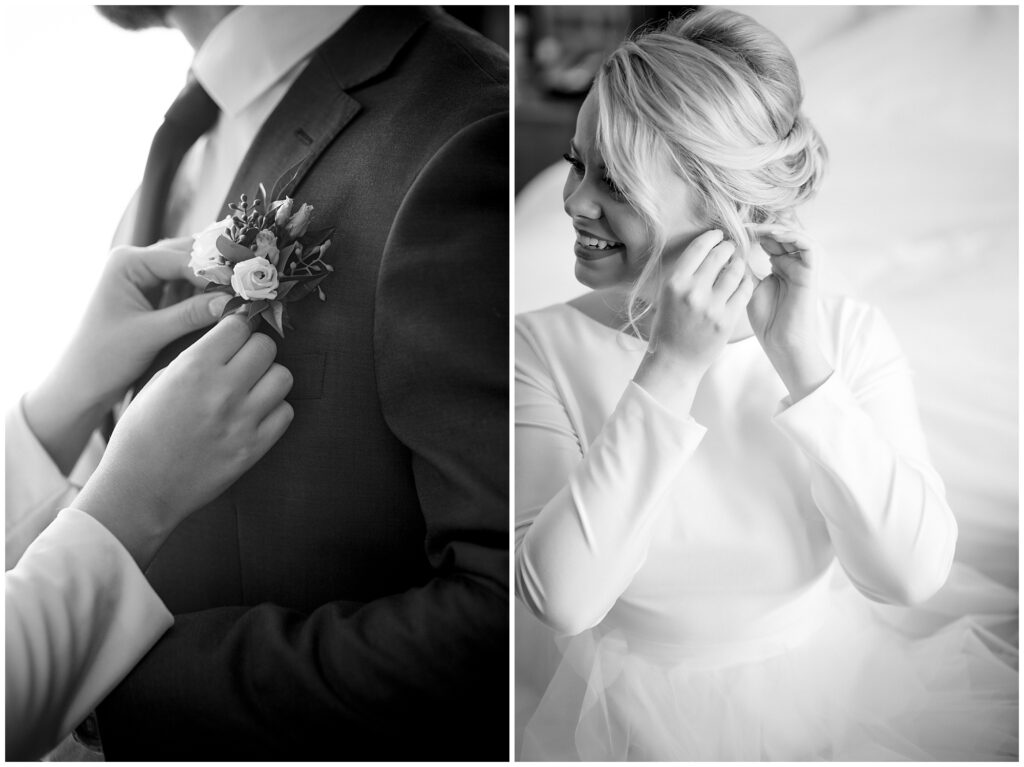 Black and white images of the bride and groom getting ready for their downtown elopement