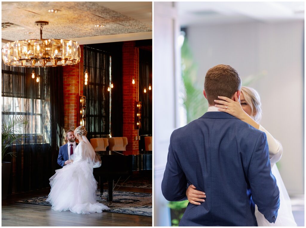 The bride and groom in the Foundry hotel in downtown asheville