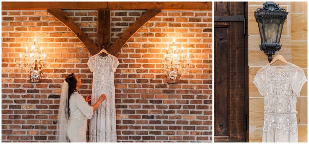 The bride admiring her dress hanging at the Ridge Wedding Venue