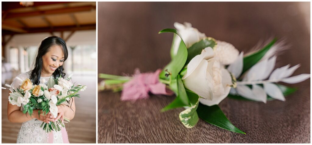 the bride looking at her tropical elopement flowers and a photo of the bout