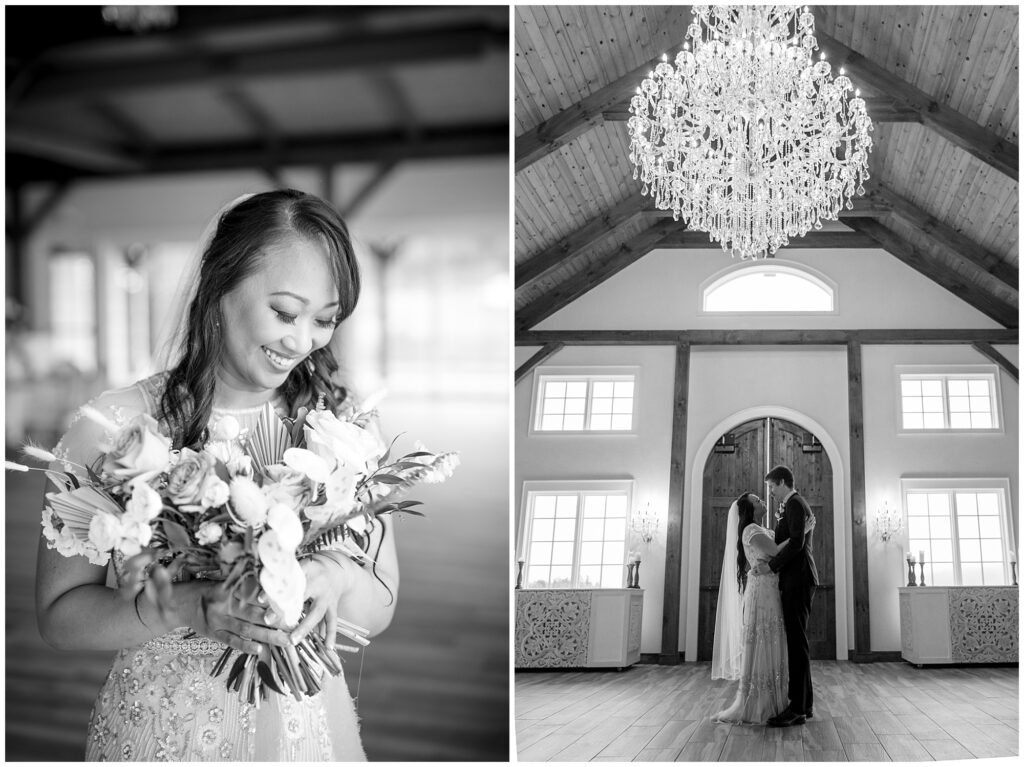 Black and white portraits of the couple inside the Ridge wedding venue