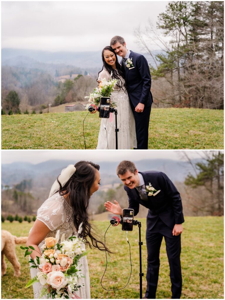 The bride and groom on facetime with friends and family after the ceremony