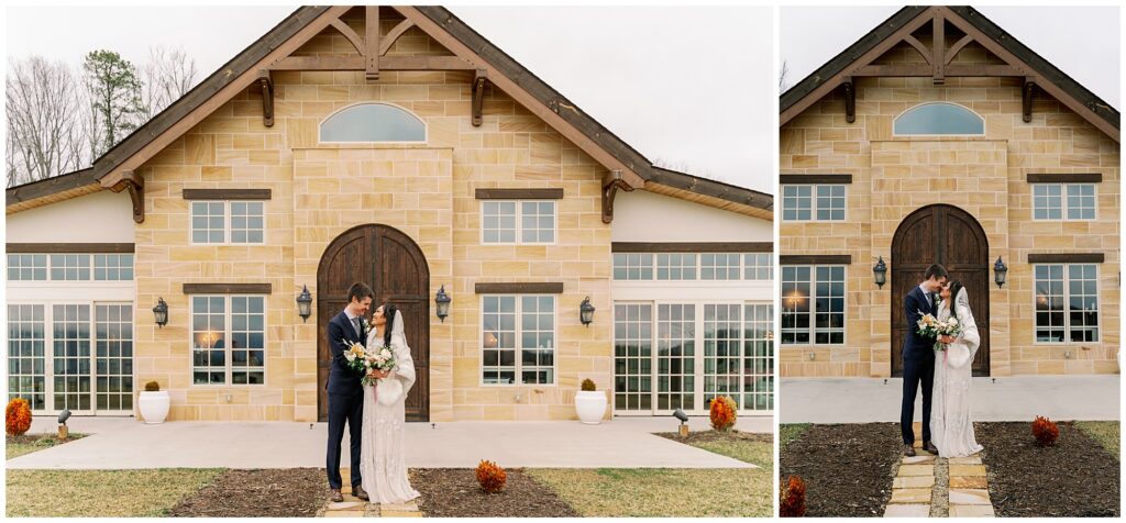 The bride and groom outside the ridge elopement venue in asheville north carolina