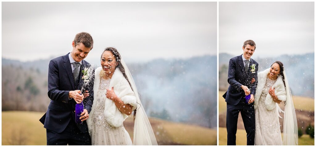 Popping champagne to celebrate their elopement at the Ridge