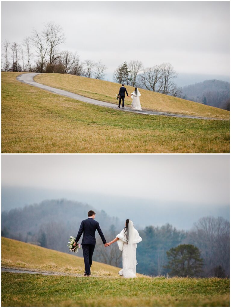 walking holding hands in the mountains of asheville elopement