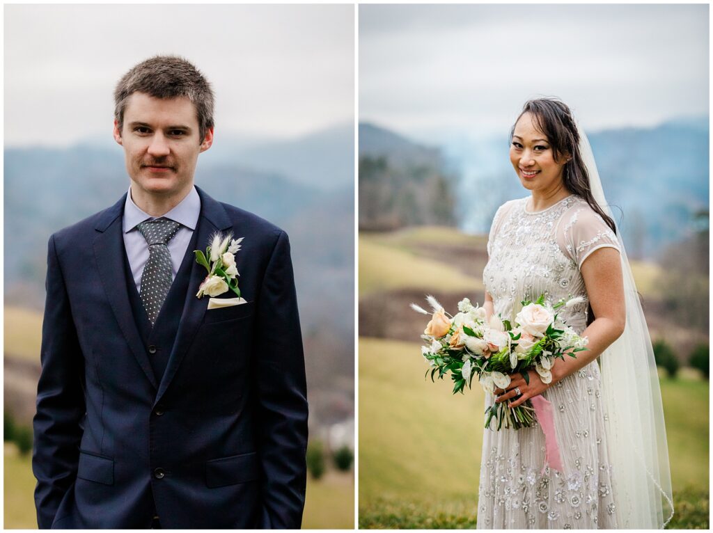 Individual portraits of the bride and groom before the elopement ceremony