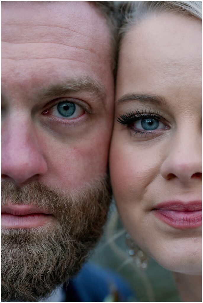 Closeup image of the bride and groom eyes together