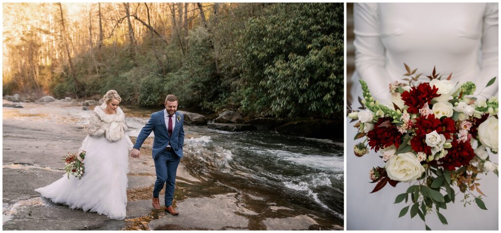 The bride and groom walking on rocks at a waterfall, and the bride holding her white and red floral bouquet