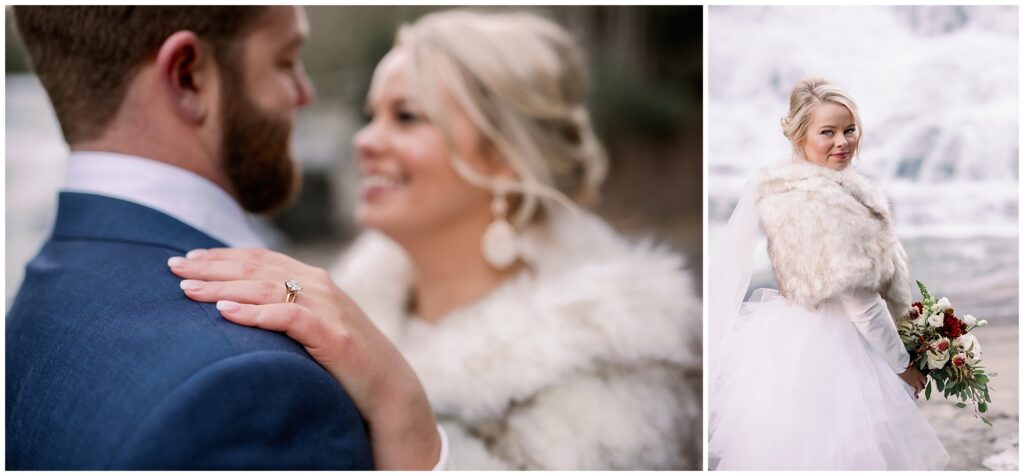 Winter bridal portrait at a waterfall in downtown asheville