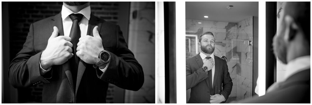 Black and white images of the groom getting ready for his elopement at the Foundry hotel