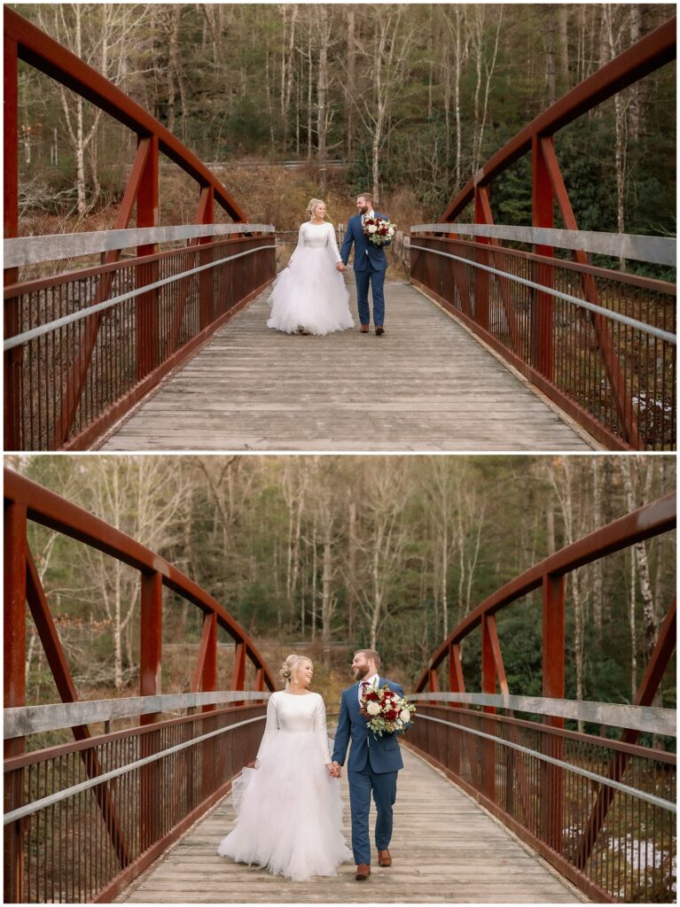 the bride and groom holding hands walking across a red bridge