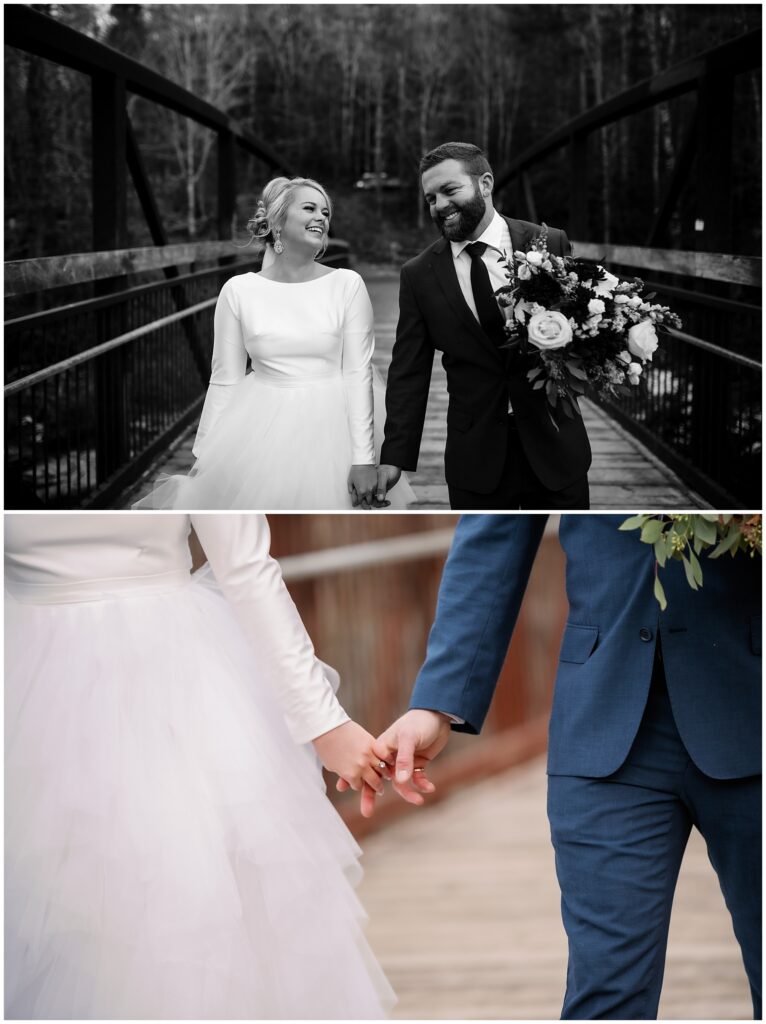 close up image of the bride and groom holding hands with wedding bands