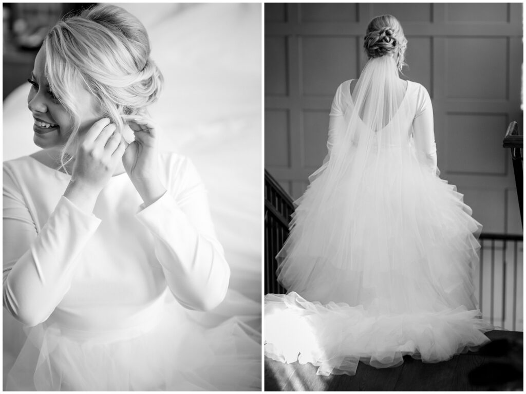 Black and white images of the bride putting on earrings and walking down the stairs