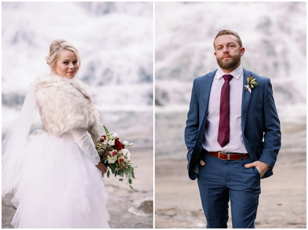 individual portraits of the bride and the groom with a waterfall in the background