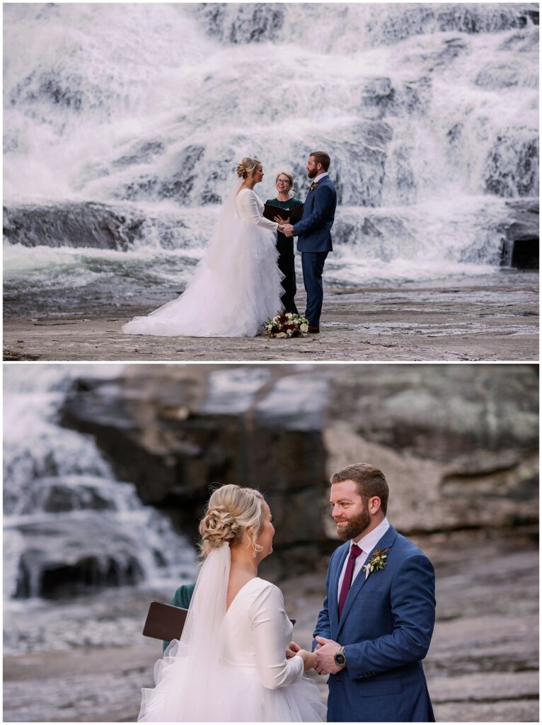 Ceremony images from the downtown asheville elopement at a waterfall