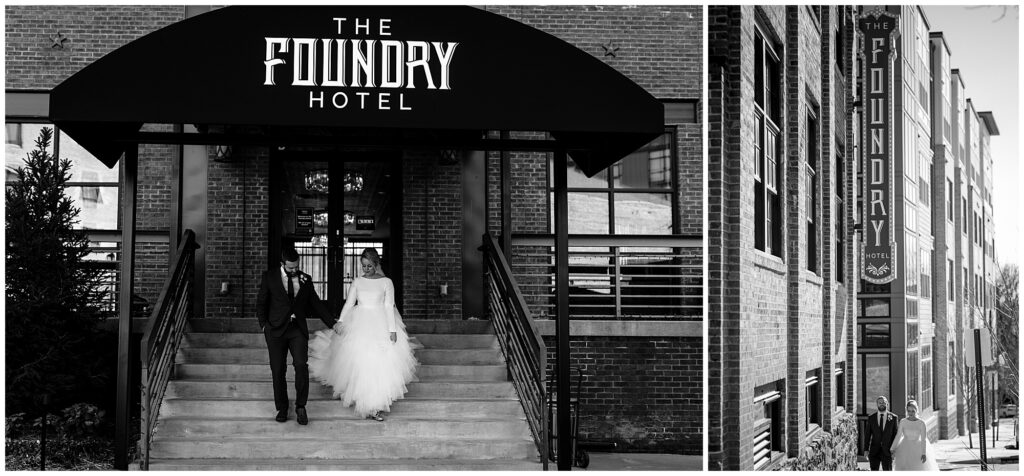 Black and white images of the outside of the foundry hotel with the bride and groom