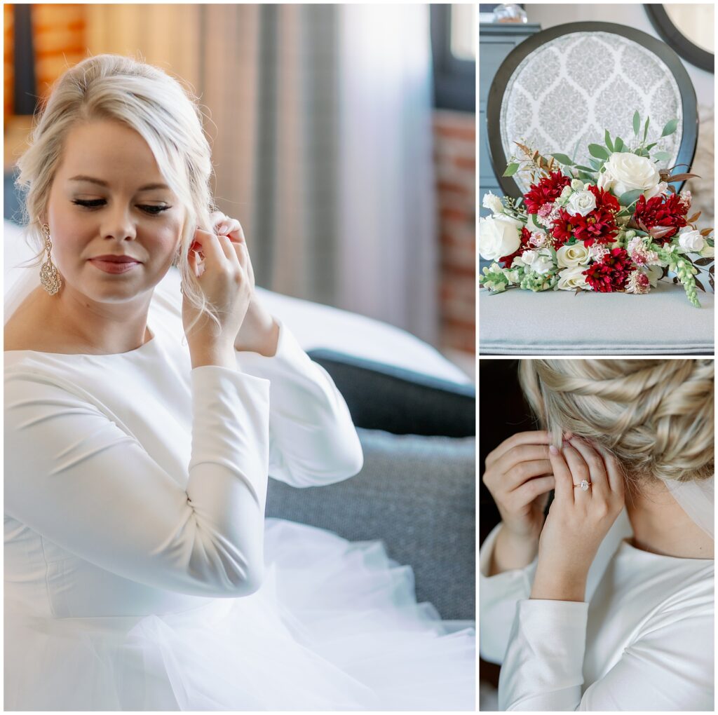 Images of the bride putting her earrings on and her floral bouquet