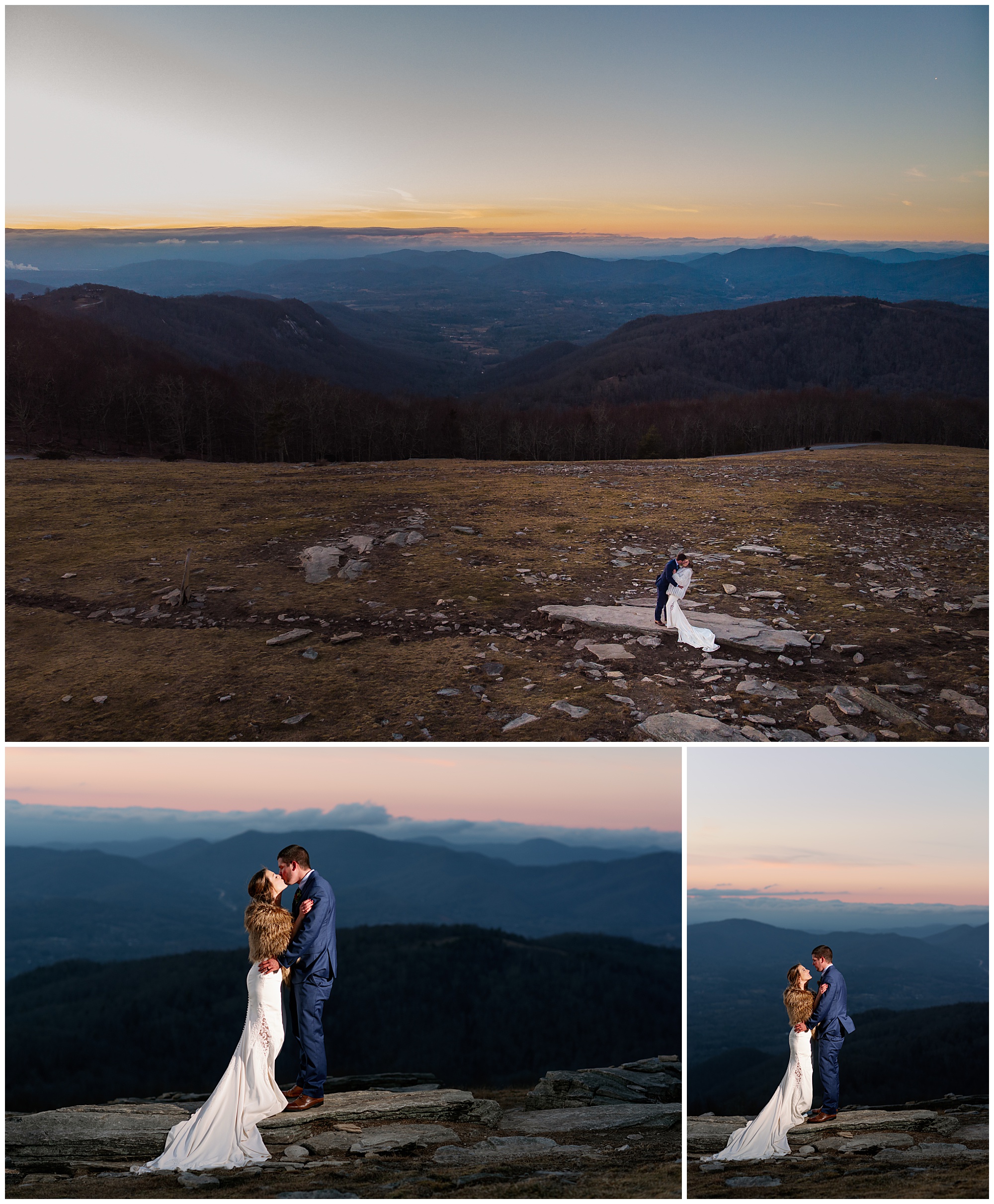 Sunset portraits on top of a bearwallow mountain near Asheville, NC from a winter elopement by Legacy and Legend.