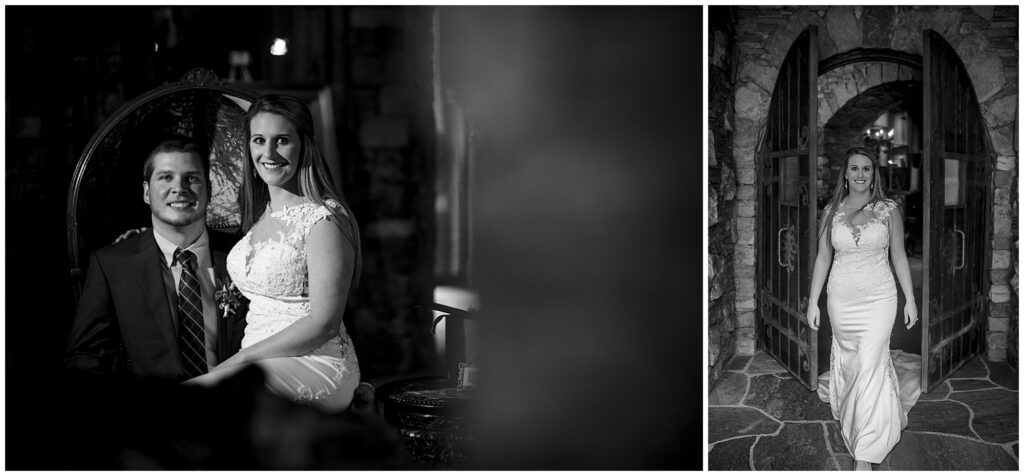 Black and white bride and groom portraits inside the grand bohemian hotel.