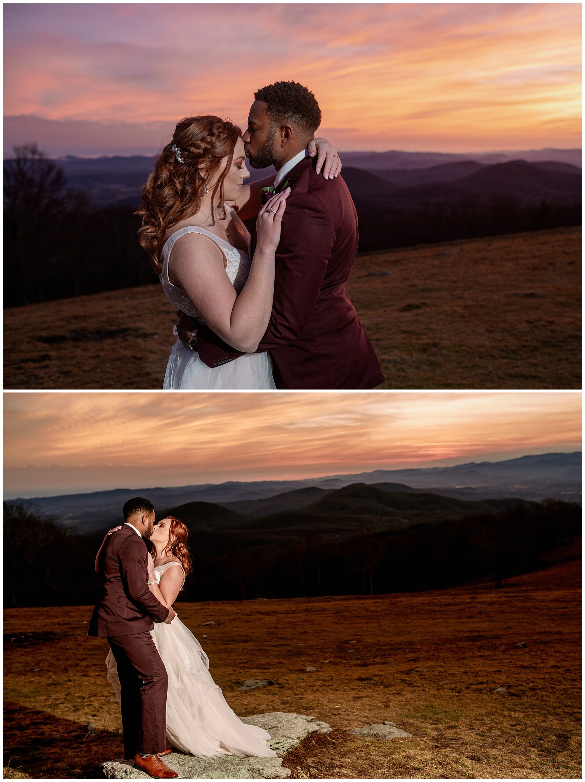 sunset photos with flash of the groom and bride kissing