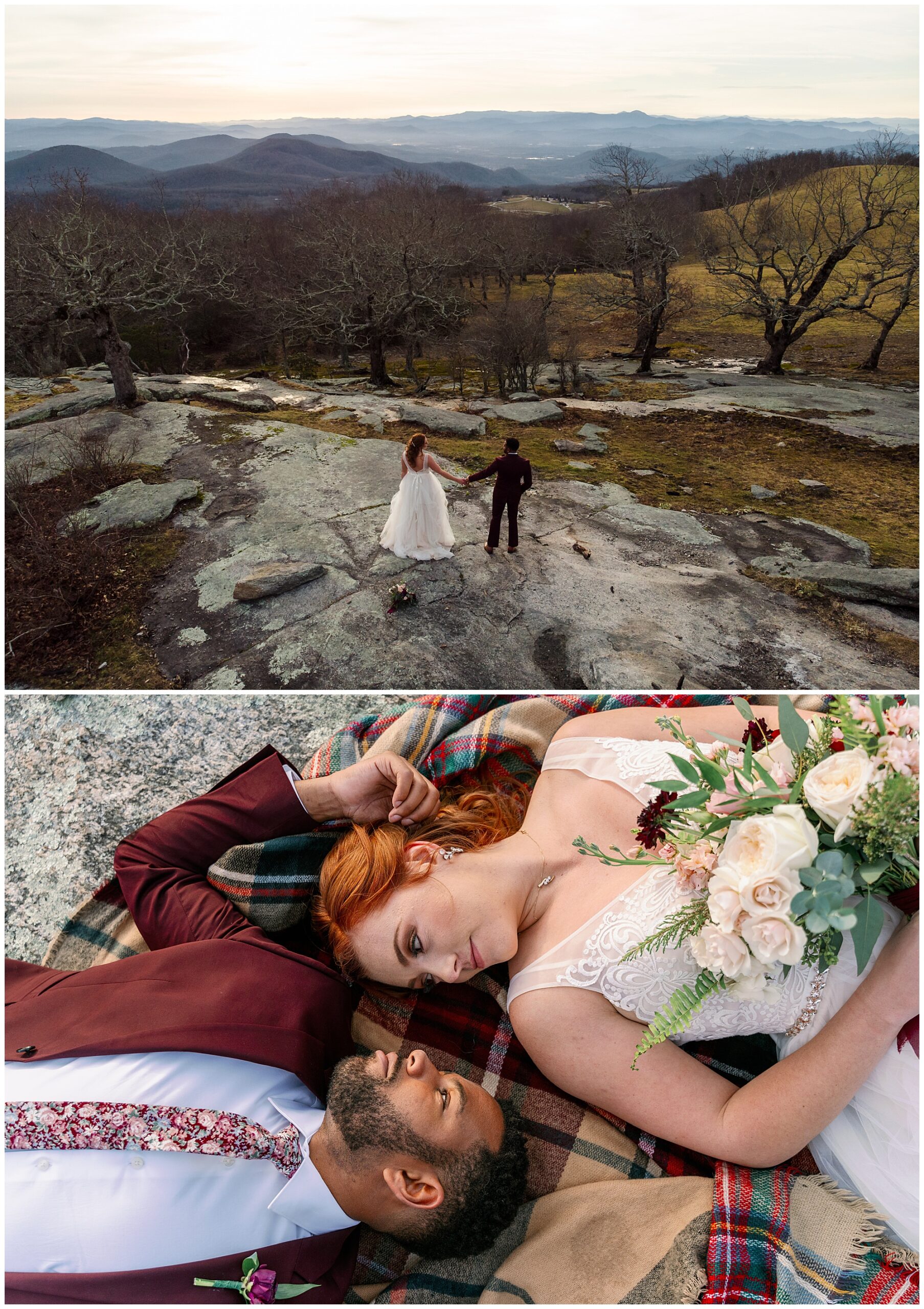 The view of bearwallow mountain and a close up image of the bride and groom laying on a plaid scarf