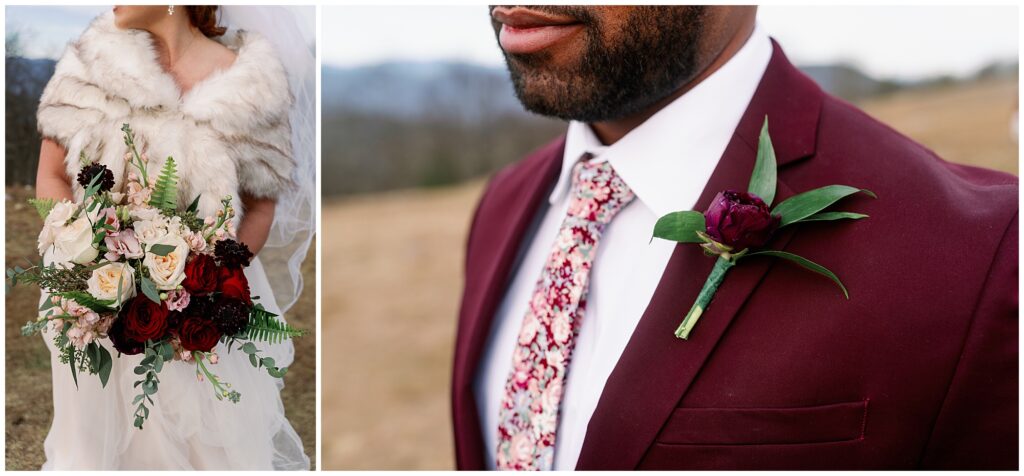 close up portrait of the winter bridal bouquet and groom corsage with a burgundy suit