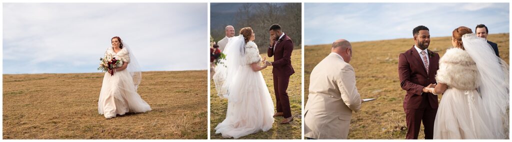 The bride walking down the mountain to meet her groom for the first time