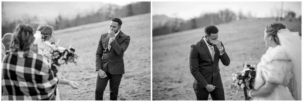 black and white images of the groom crying when he saw the bride for the first time