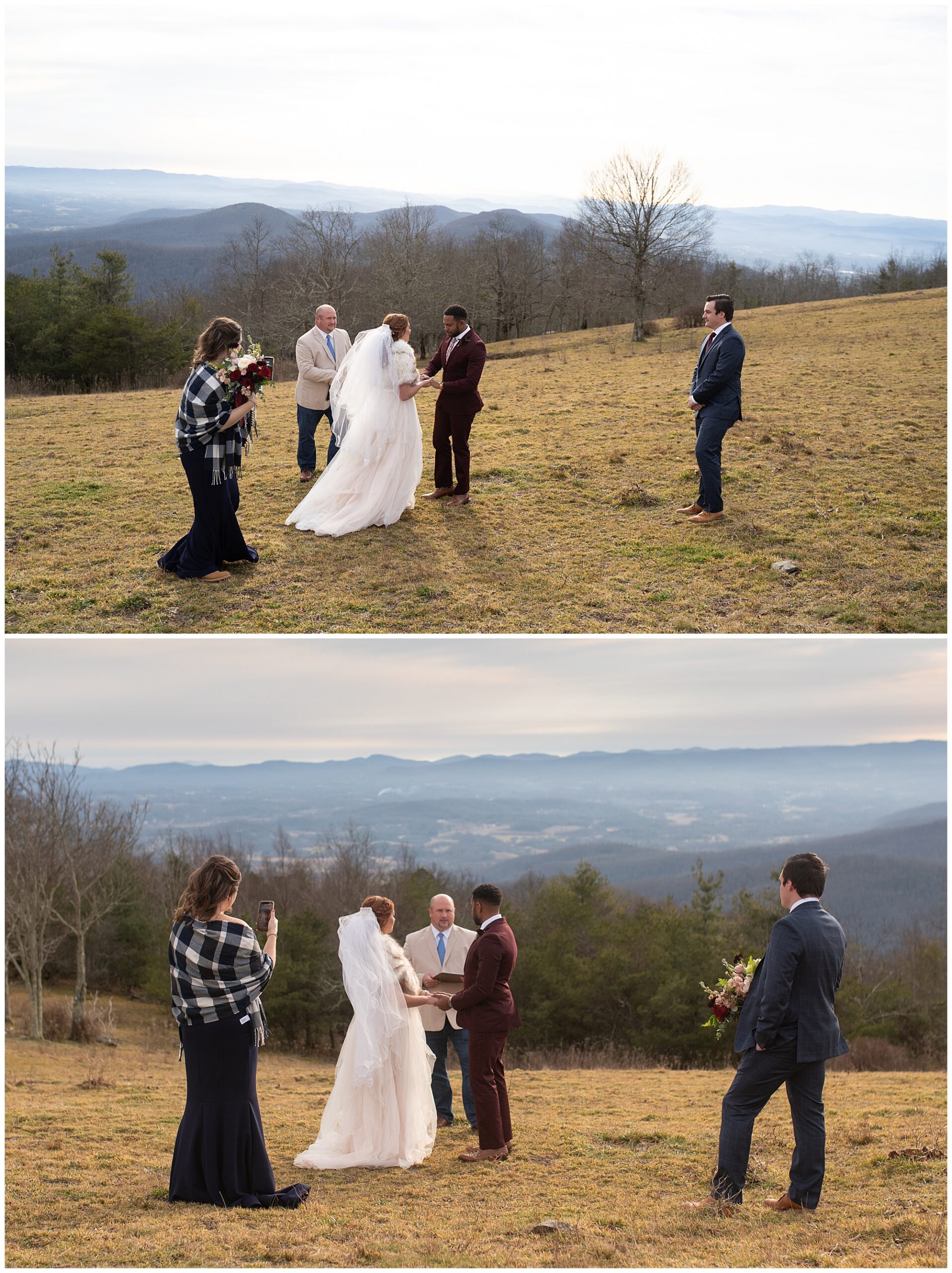 wideshot image of the ceremony with their two witnesses and a view of the mountains