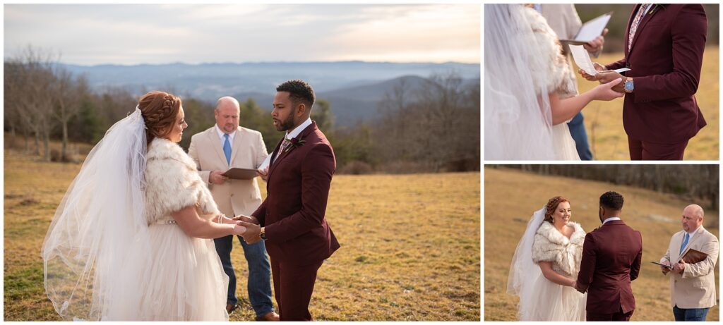 ceremony photos of the bride and groom holding hands and reading vows