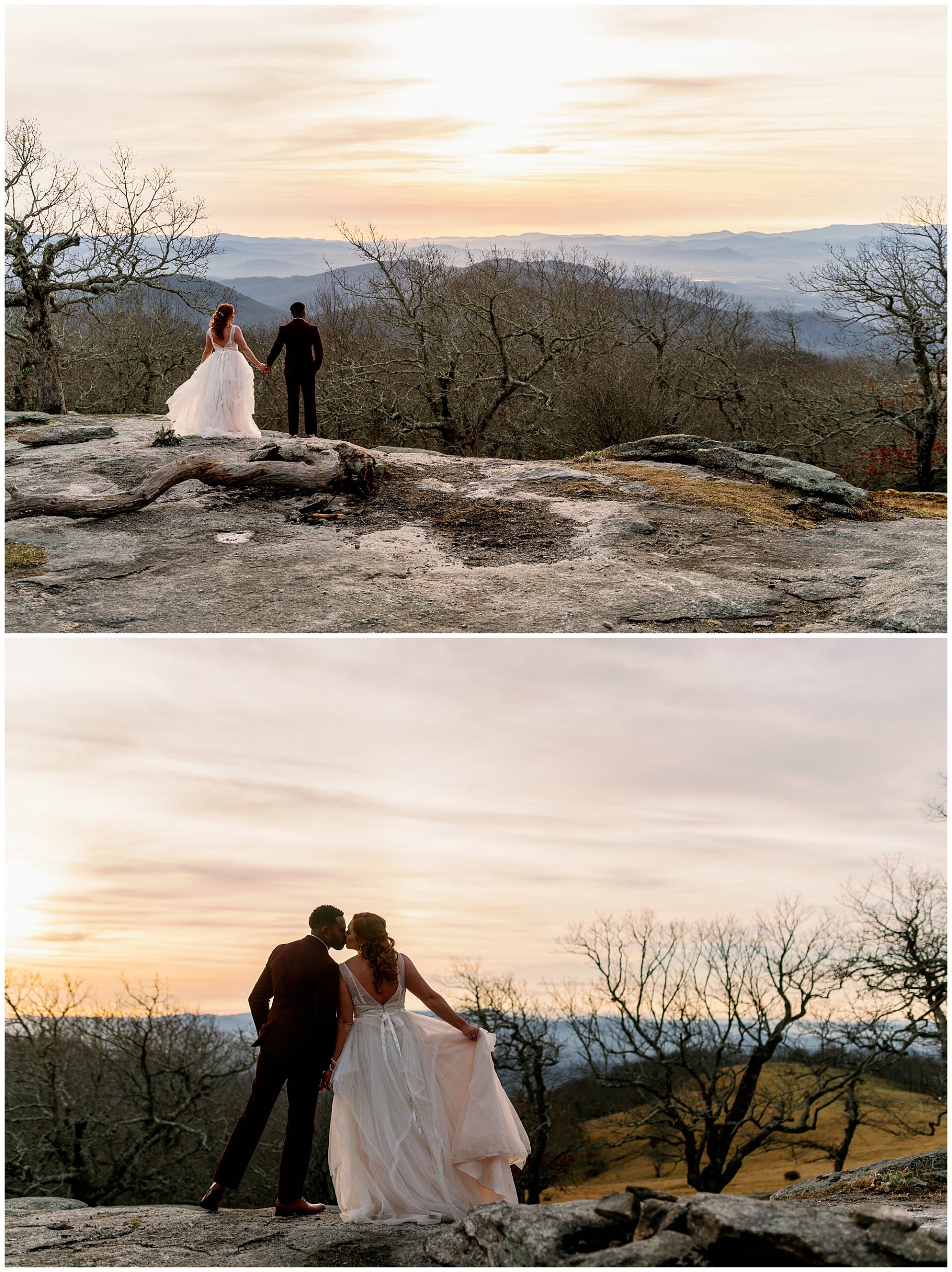 bride and groom sunset elopement in asheville nc mountains