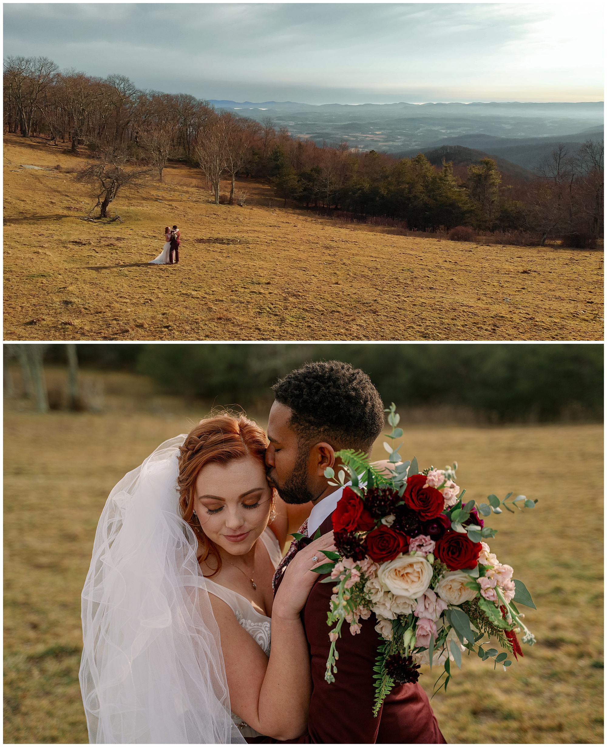 very wide shot of the bride and groom with mountain views, and then a closeup of the groom kissing the bride on the forehead