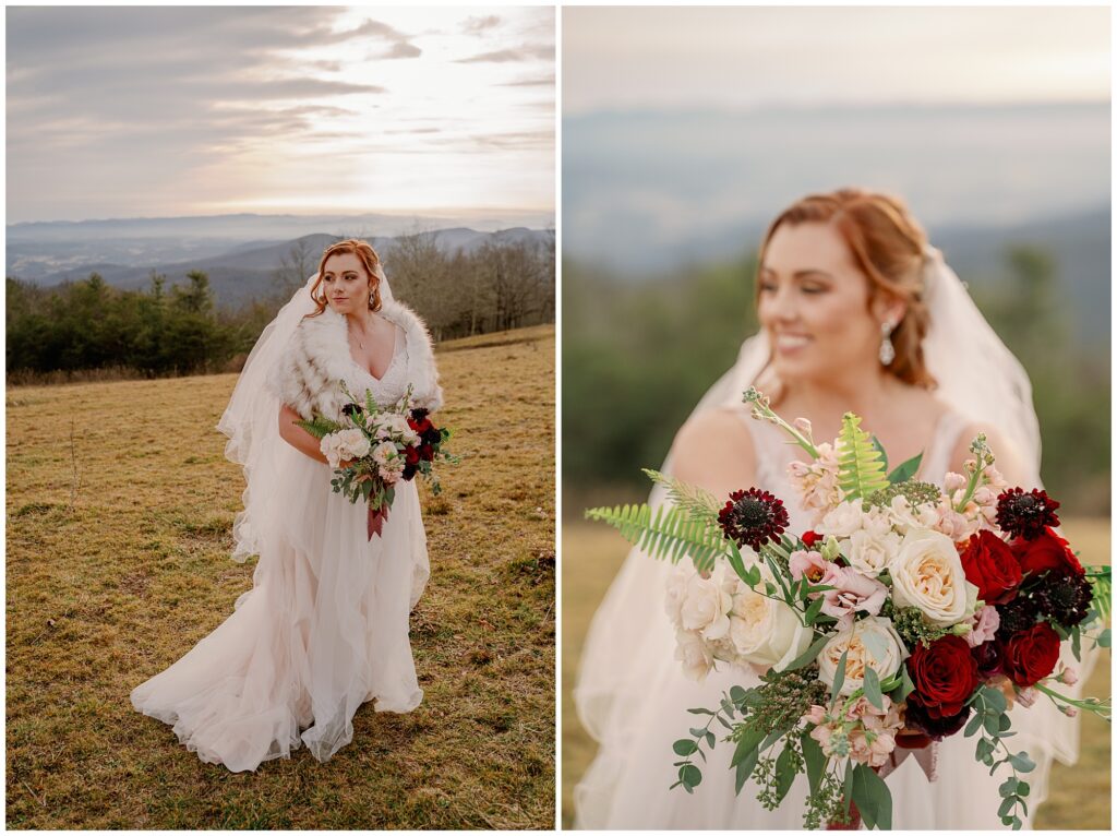 bridal portraits and winter floral bouquet