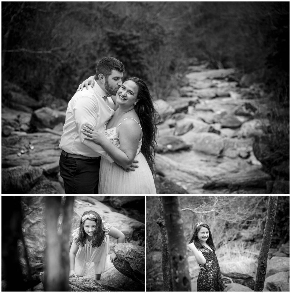 Black and white family adventure photos of the family hiking on the rocks at a waterfall.