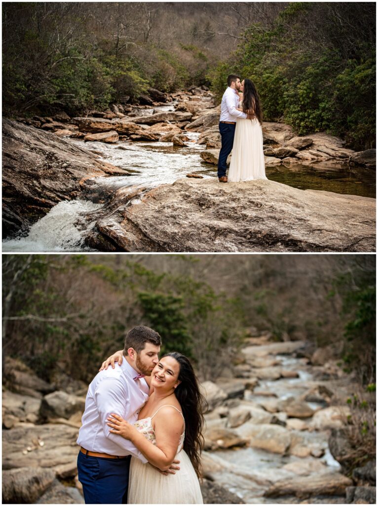 Couples portraits at a waterfall with a white dress in the mountains of NC.