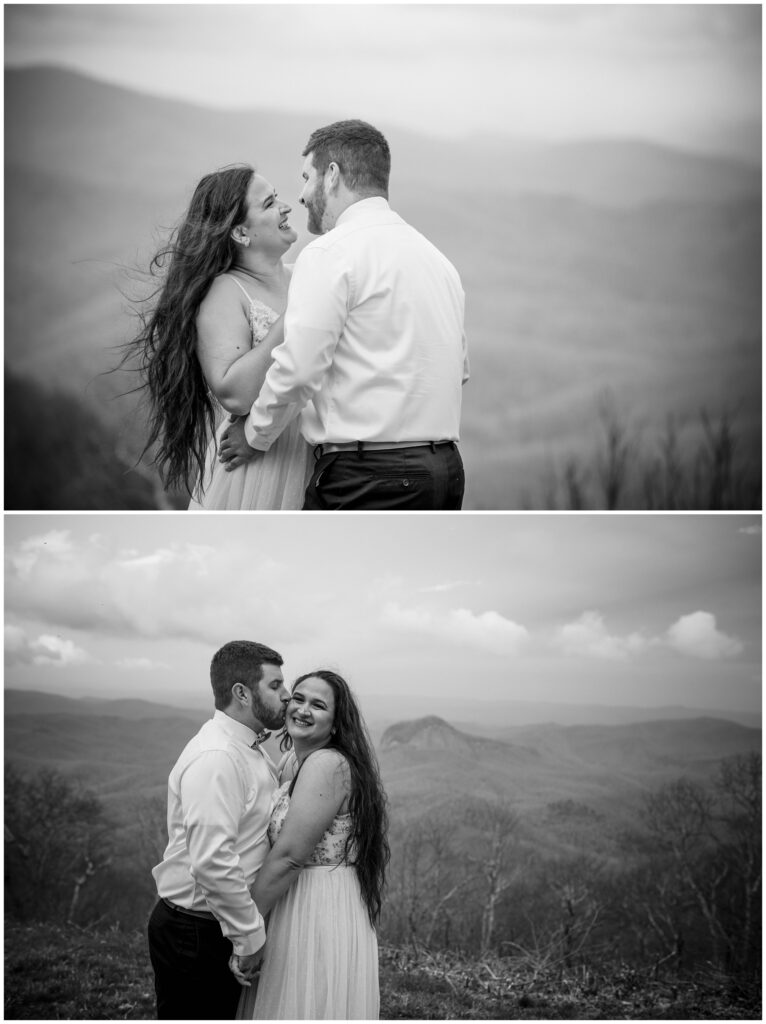 Black and white photos of the couple on top of a mountain.