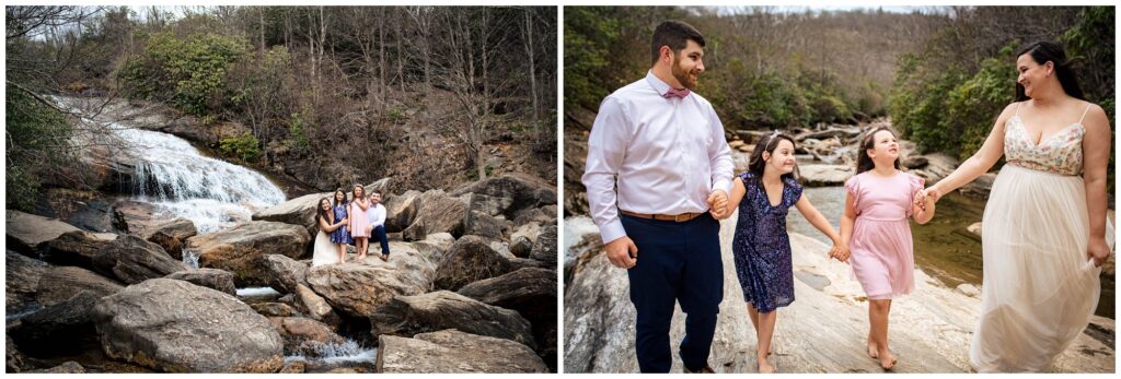 Family adventure photos at a waterfall in Asheville, NC.