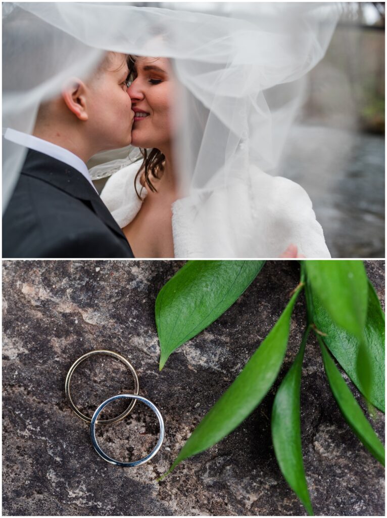 The couple shares a kiss under the veil together.