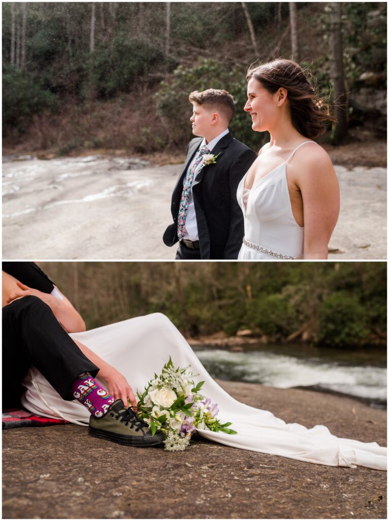 Waterfall elopement photos showing off purple socks that say Gay.