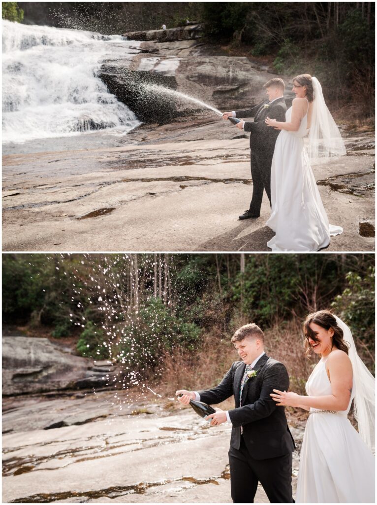 Celebrating their marriage with a champagne pop.