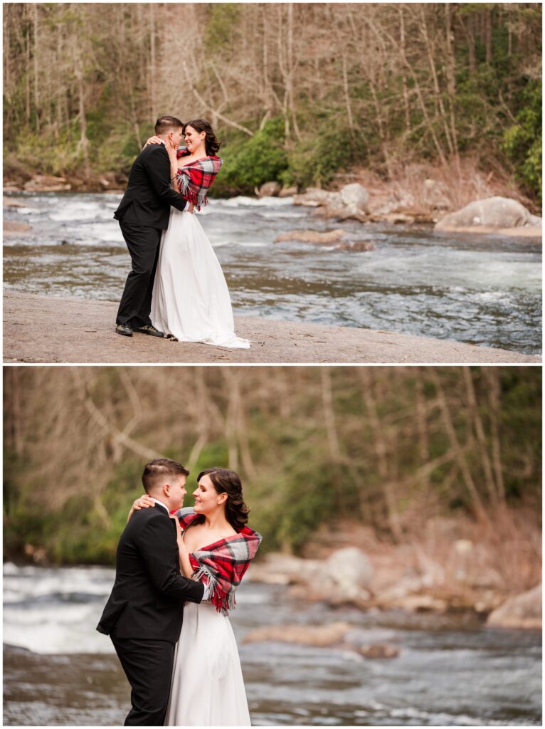 Caroline wore a red black scarf over her wedding dress to stay warm in the winter.