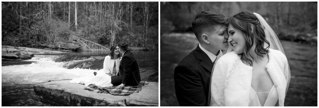 Black and white photos of the couple on their elopement day sitting on the rocks.