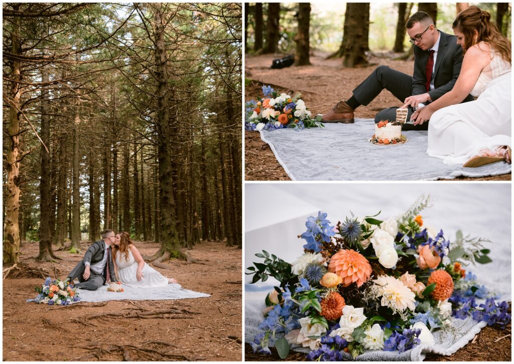 Gorgeous fall flowers with orange and purple hues at their elopement picnic.