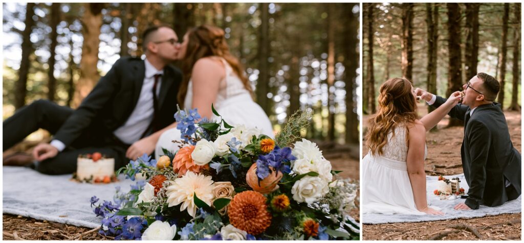 The bride and groom share a slice of cake together on their elopement day.